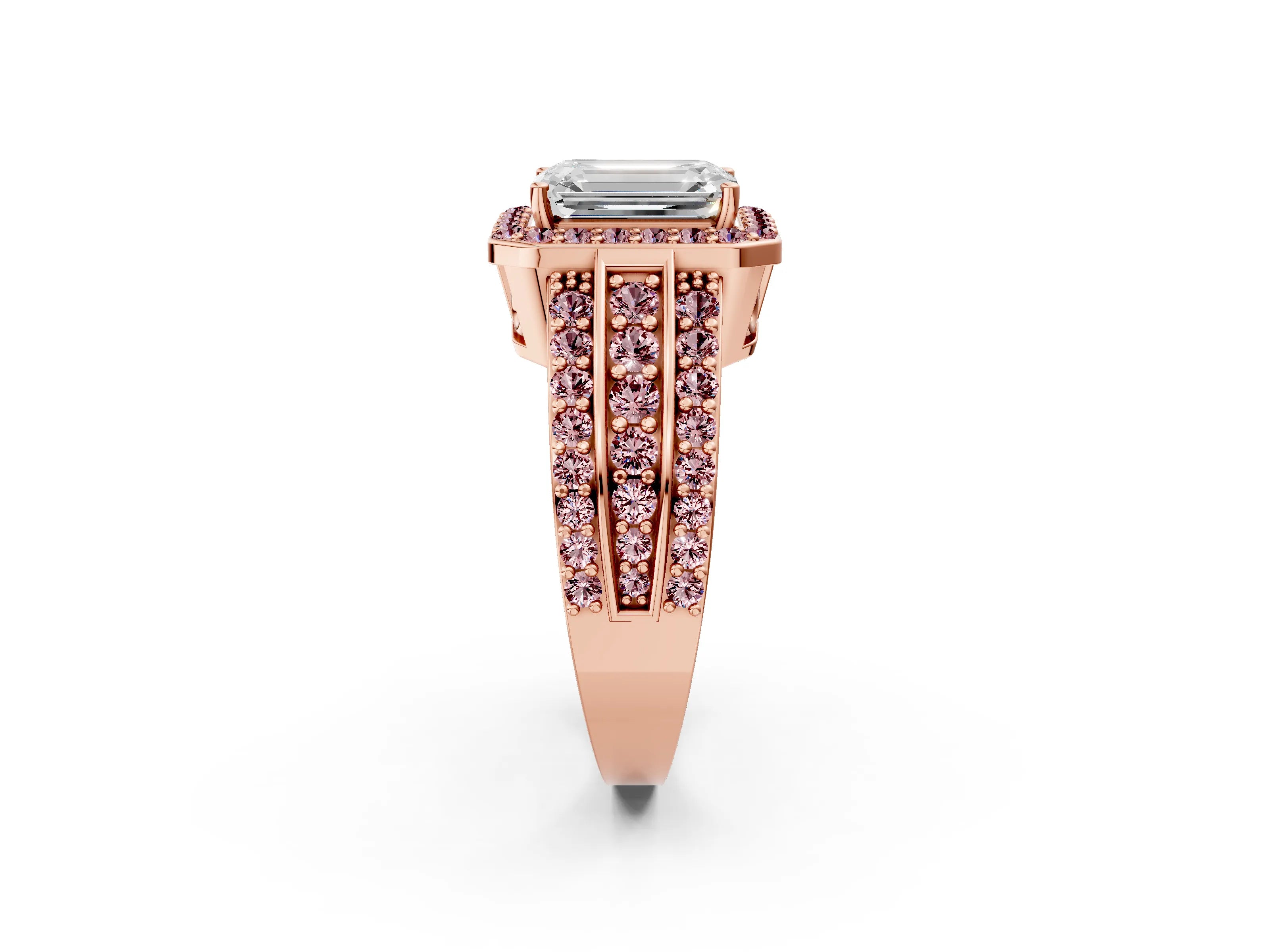 Rose gold Emerald Cut Halo Diamond Ring with Round with Morganite side stone Split Shank and Prong Setting_2