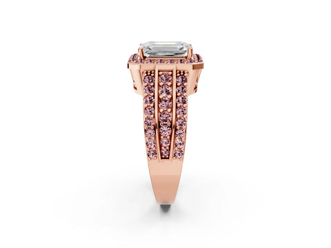 Rose gold Emerald Cut Halo Diamond Ring with Round with Morganite side stone Split Shank and Prong Setting_2