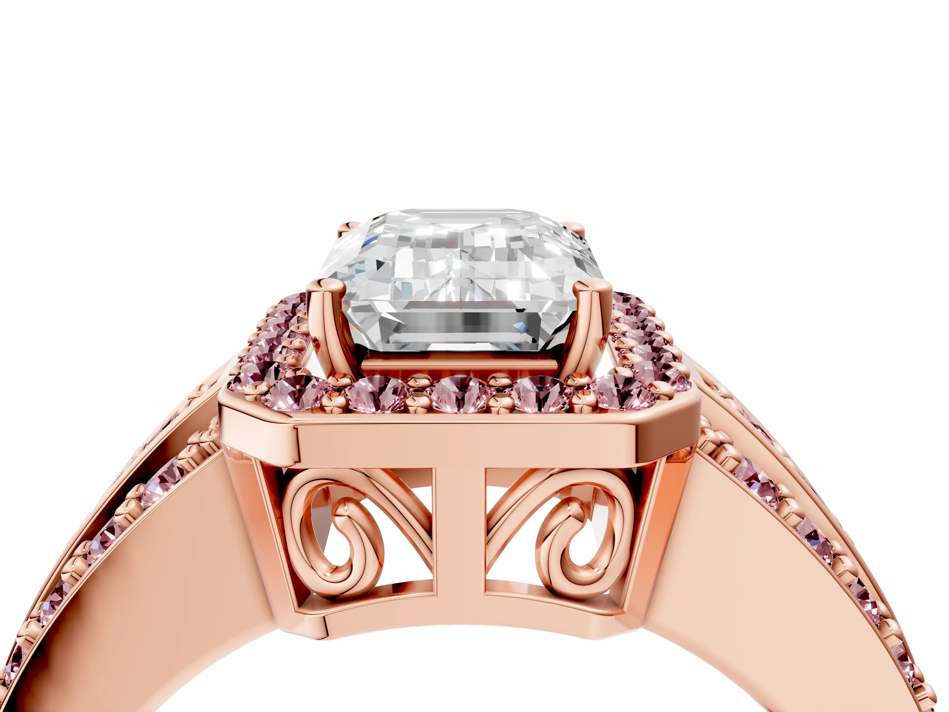 Rose gold Emerald Cut Halo Diamond Ring with Round with Morganite side stone Split Shank and Prong Setting_4