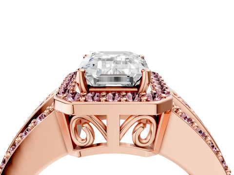 Rose gold Emerald Cut Halo Diamond Ring with Round with Morganite side stone Split Shank and Prong Setting_4