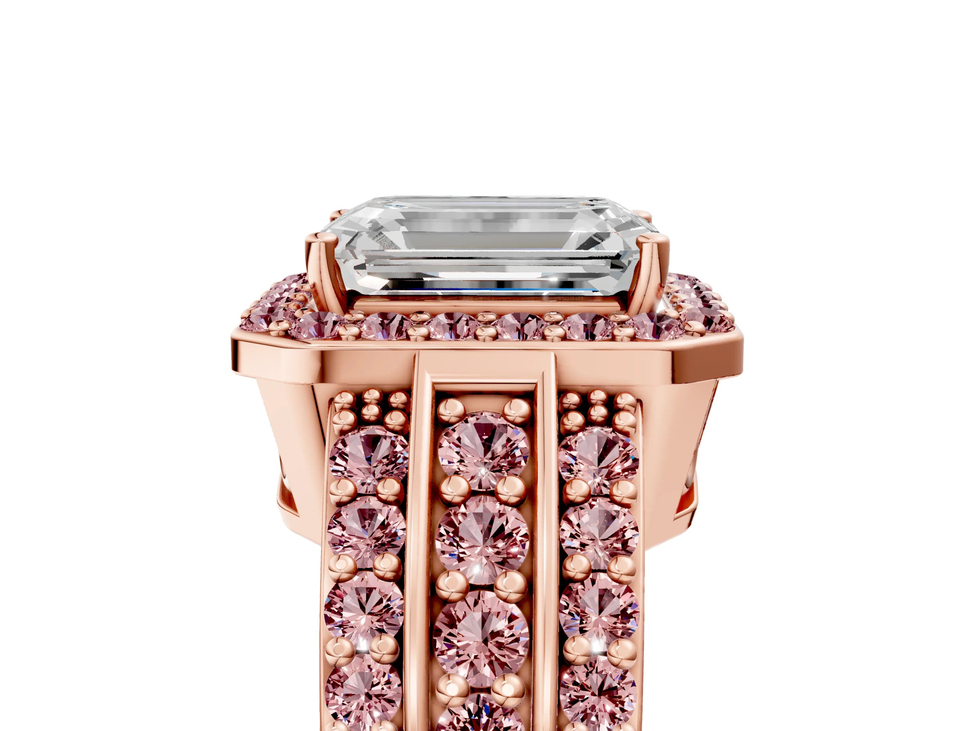 Rose gold Emerald Cut Halo Diamond Ring with Round with Morganite side stone Split Shank and Prong Setting_5