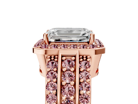 Rose gold Emerald Cut Halo Diamond Ring with Round with Morganite side stone Split Shank and Prong Setting_5
