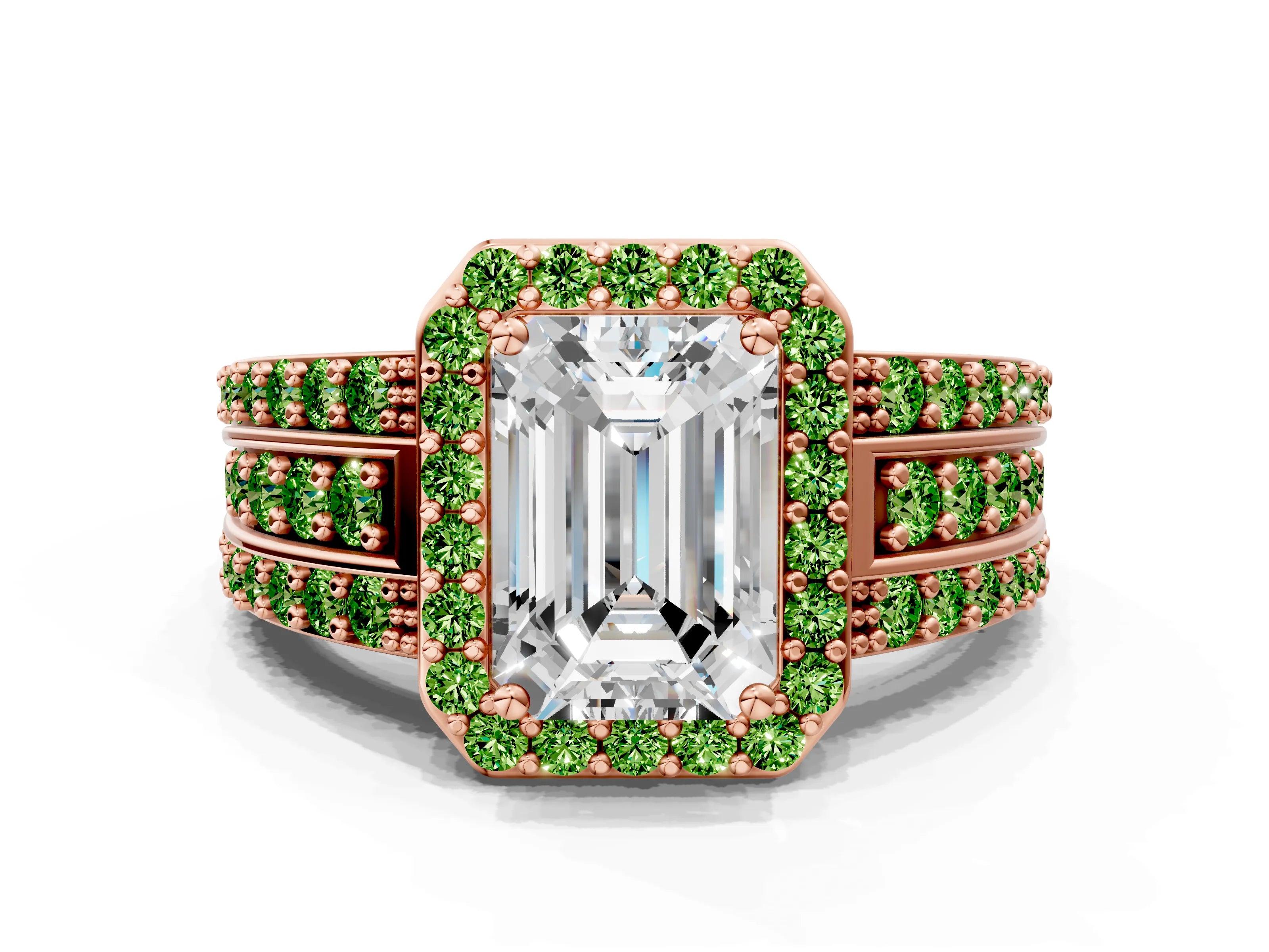 Rose gold Emerald Cut Halo Diamond Ring with Round with Peridot side stone Split Shank and Prong Setting