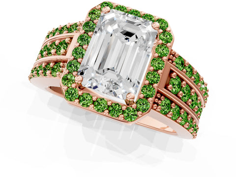 Rose gold Emerald Cut Halo Diamond Ring with Round with Peridot side stone Split Shank and Prong Setting_1