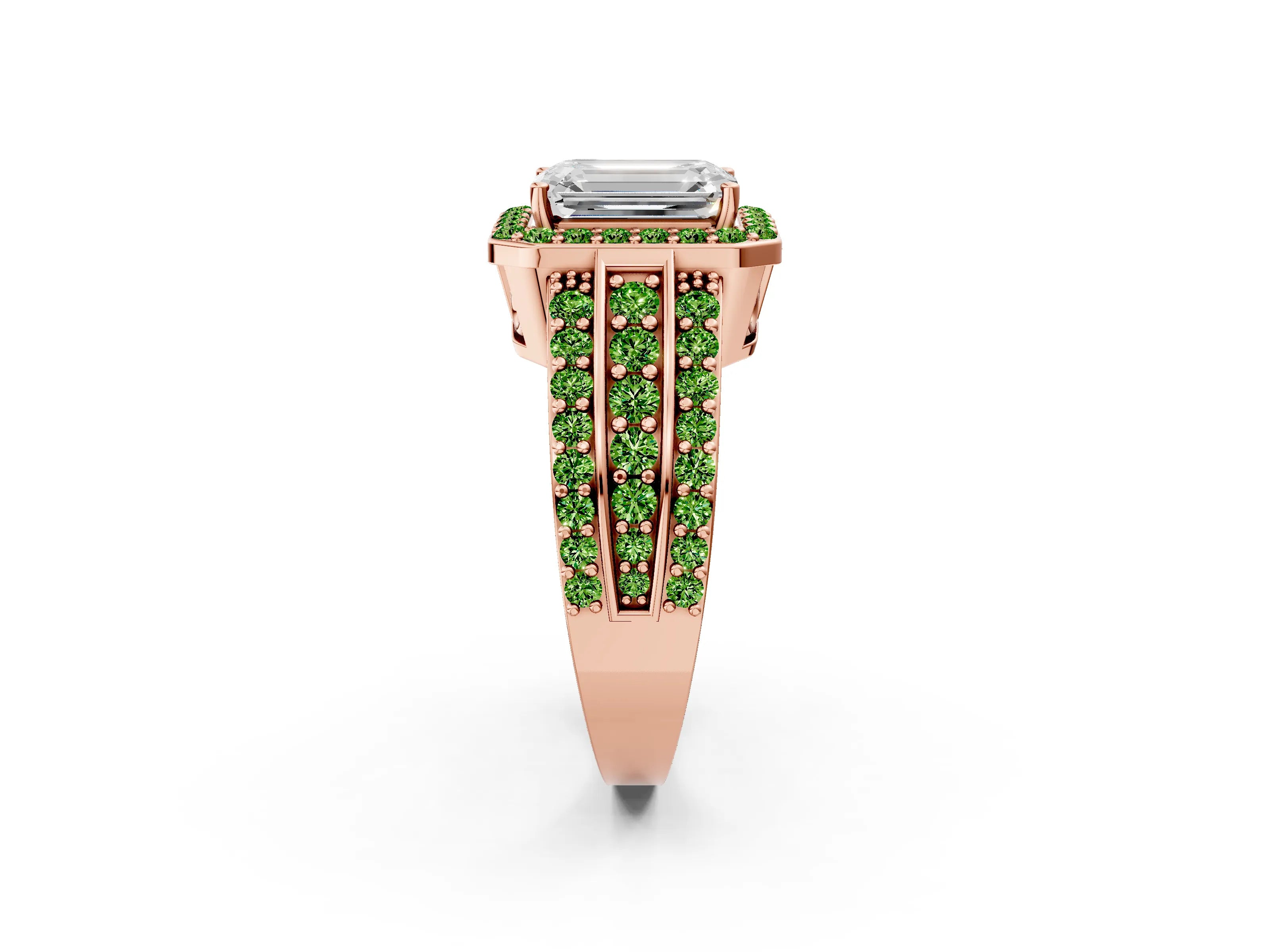 Rose gold Emerald Cut Halo Diamond Ring with Round with Peridot side stone Split Shank and Prong Setting_2
