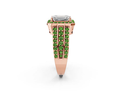 Rose gold Emerald Cut Halo Diamond Ring with Round with Peridot side stone Split Shank and Prong Setting_2