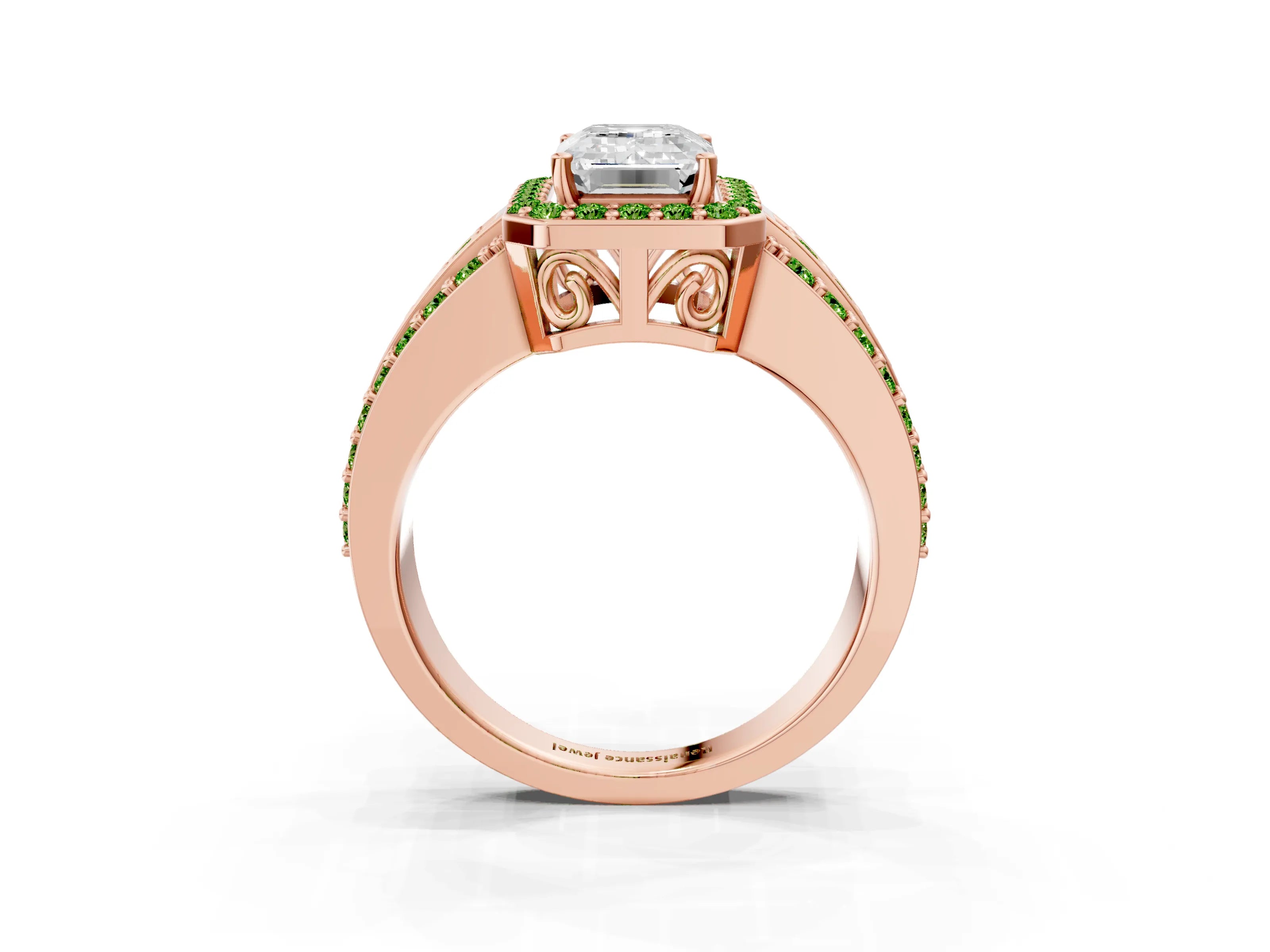 Rose gold Emerald Cut Halo Diamond Ring with Round with Peridot side stone Split Shank and Prong Setting_3