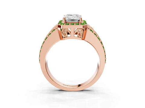 Rose gold Emerald Cut Halo Diamond Ring with Round with Peridot side stone Split Shank and Prong Setting_3