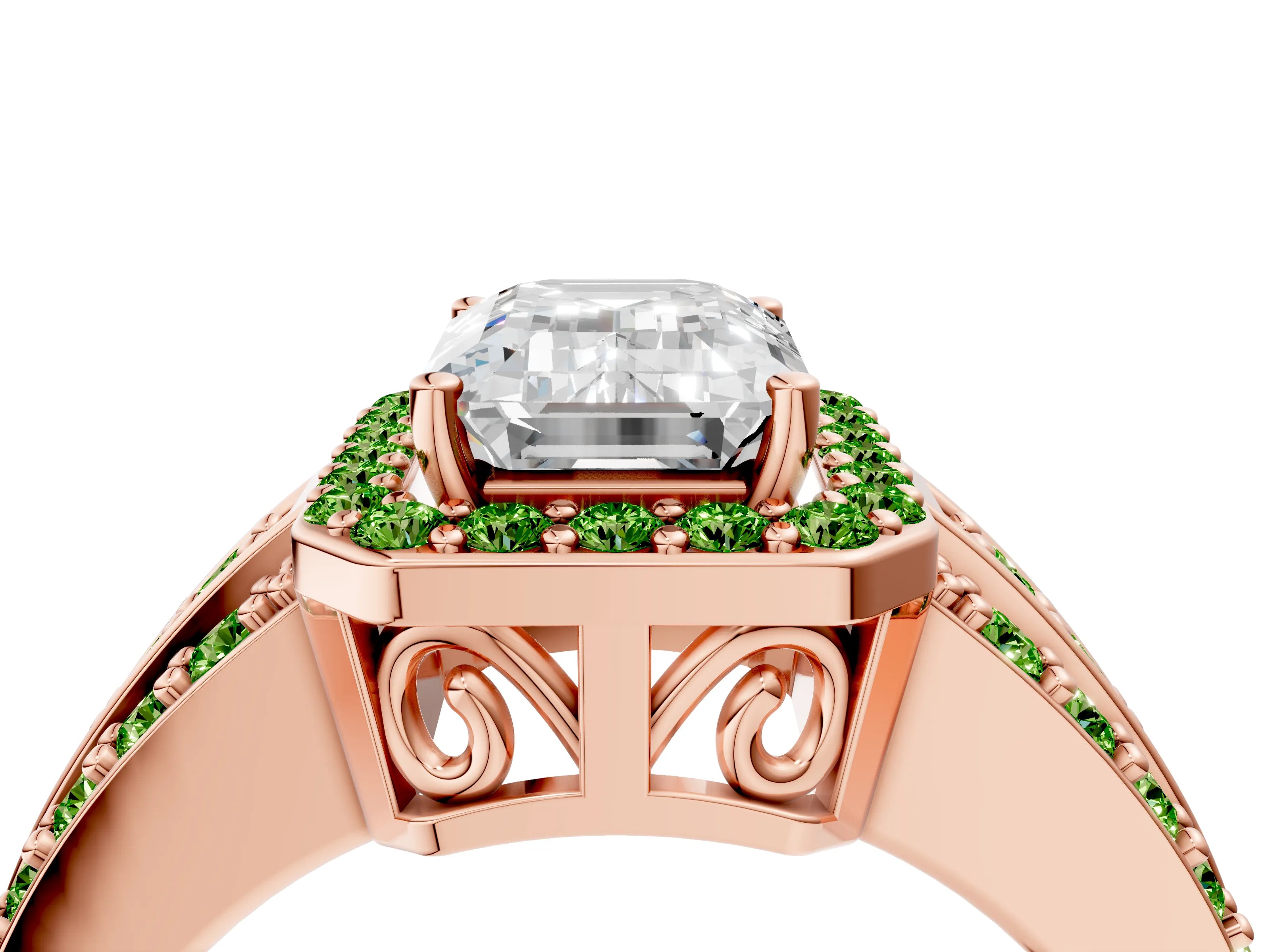 Rose gold Emerald Cut Halo Diamond Ring with Round with Peridot side stone Split Shank and Prong Setting_4