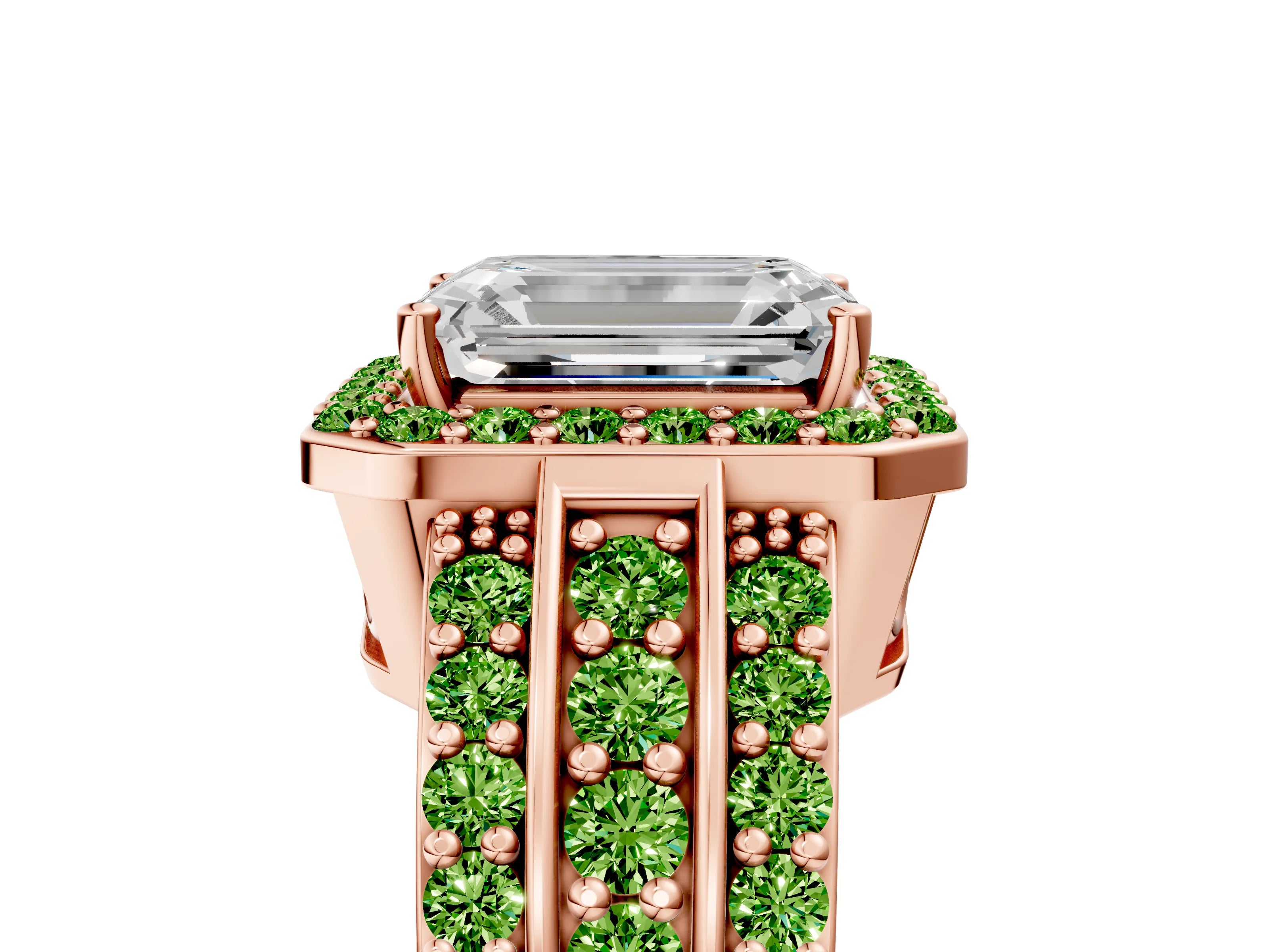 Rose gold Emerald Cut Halo Diamond Ring with Round with Peridot side stone Split Shank and Prong Setting_5