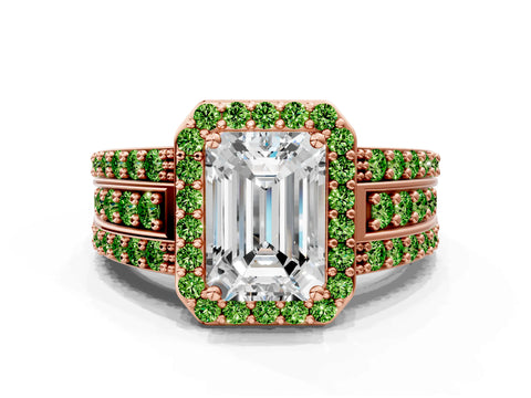 Rose gold Emerald Cut Halo Diamond Ring with Round with Peridot side stone Split Shank and Prong Setting