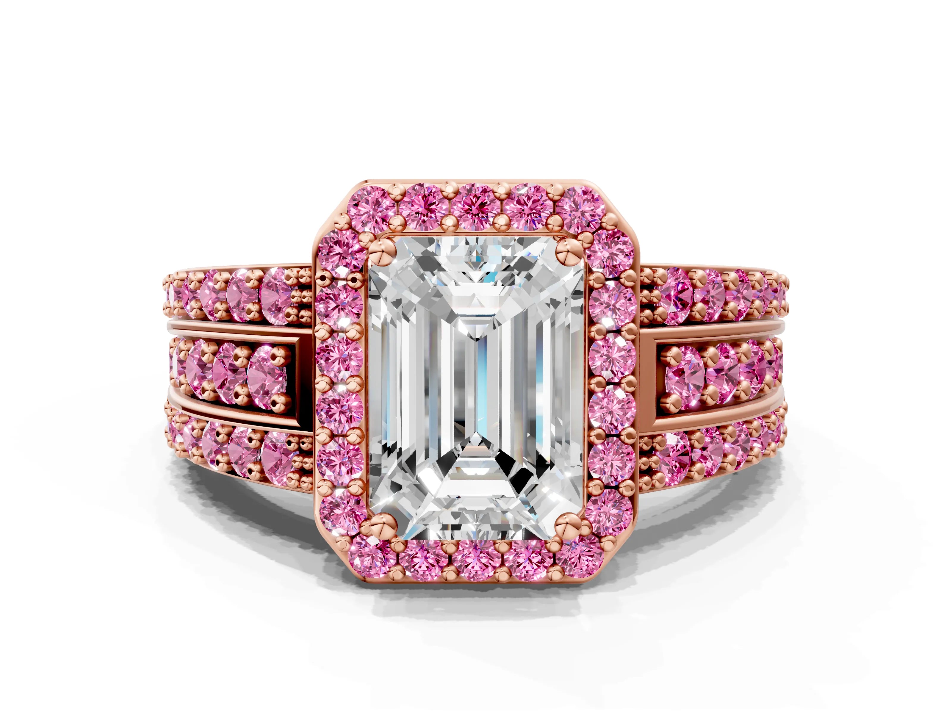 Rose gold Emerald Cut Halo Diamond Ring with Round with Pink Sapphire side stone Split Shank and Prong Setting