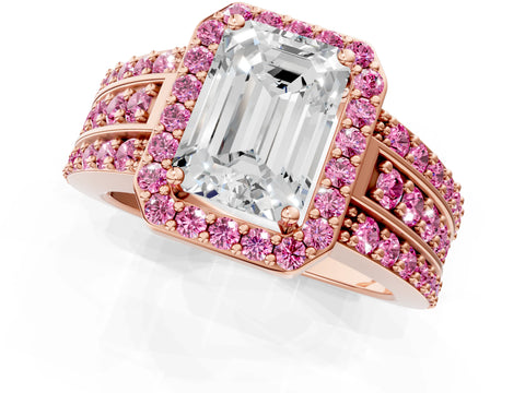 Rose gold Emerald Cut Halo Diamond Ring with Round with Pink Sapphire side stone Split Shank and Prong Setting_1