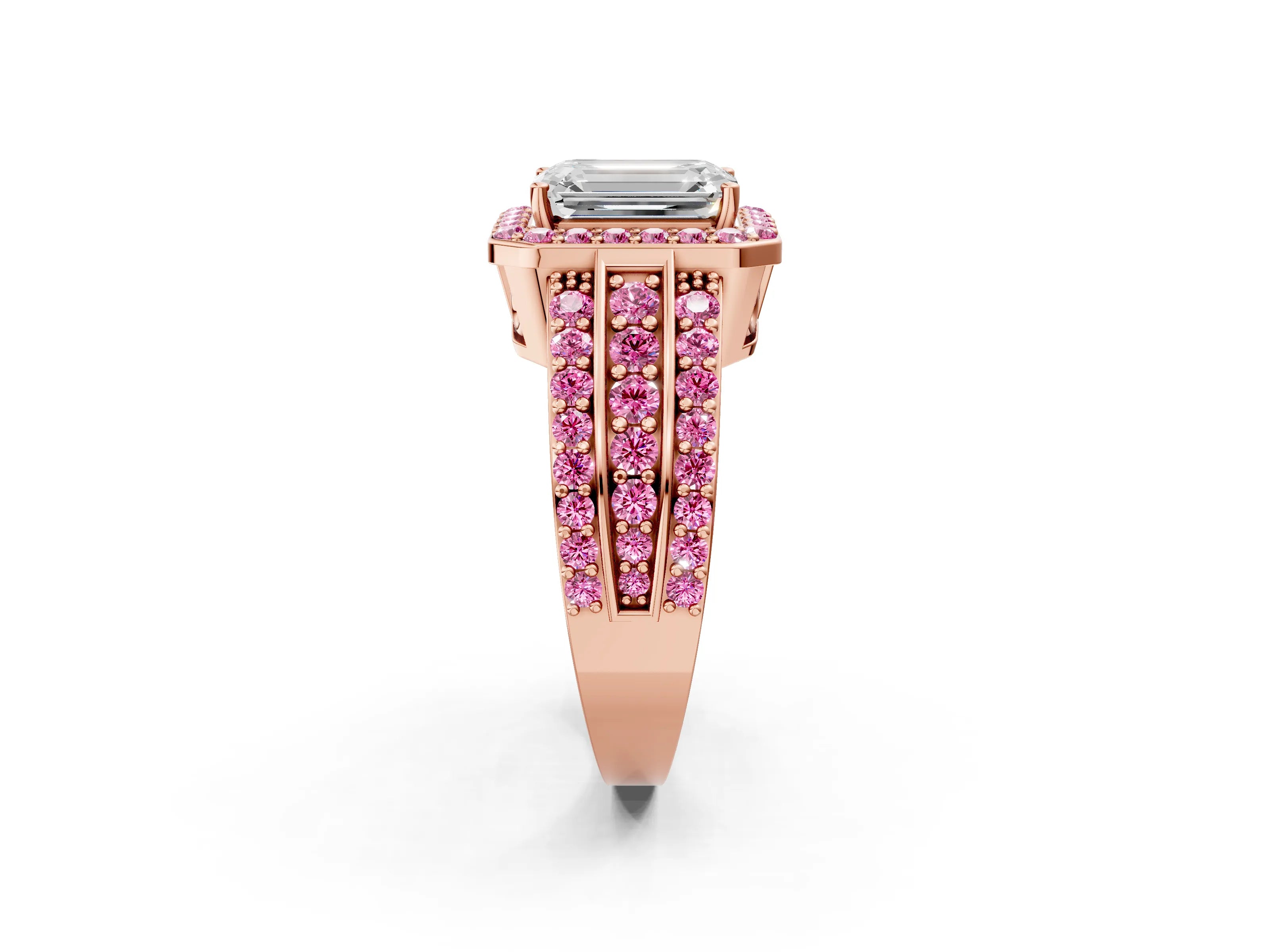 Rose gold Emerald Cut Halo Diamond Ring with Round with Pink Sapphire side stone Split Shank and Prong Setting_2