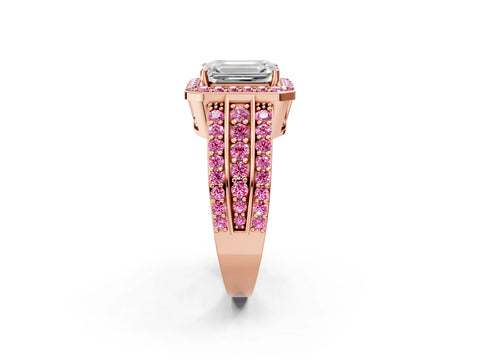 Rose gold Emerald Cut Halo Diamond Ring with Round with Pink Sapphire side stone Split Shank and Prong Setting_2