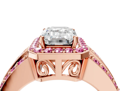 Rose gold Emerald Cut Halo Diamond Ring with Round with Pink Sapphire side stone Split Shank and Prong Setting_4