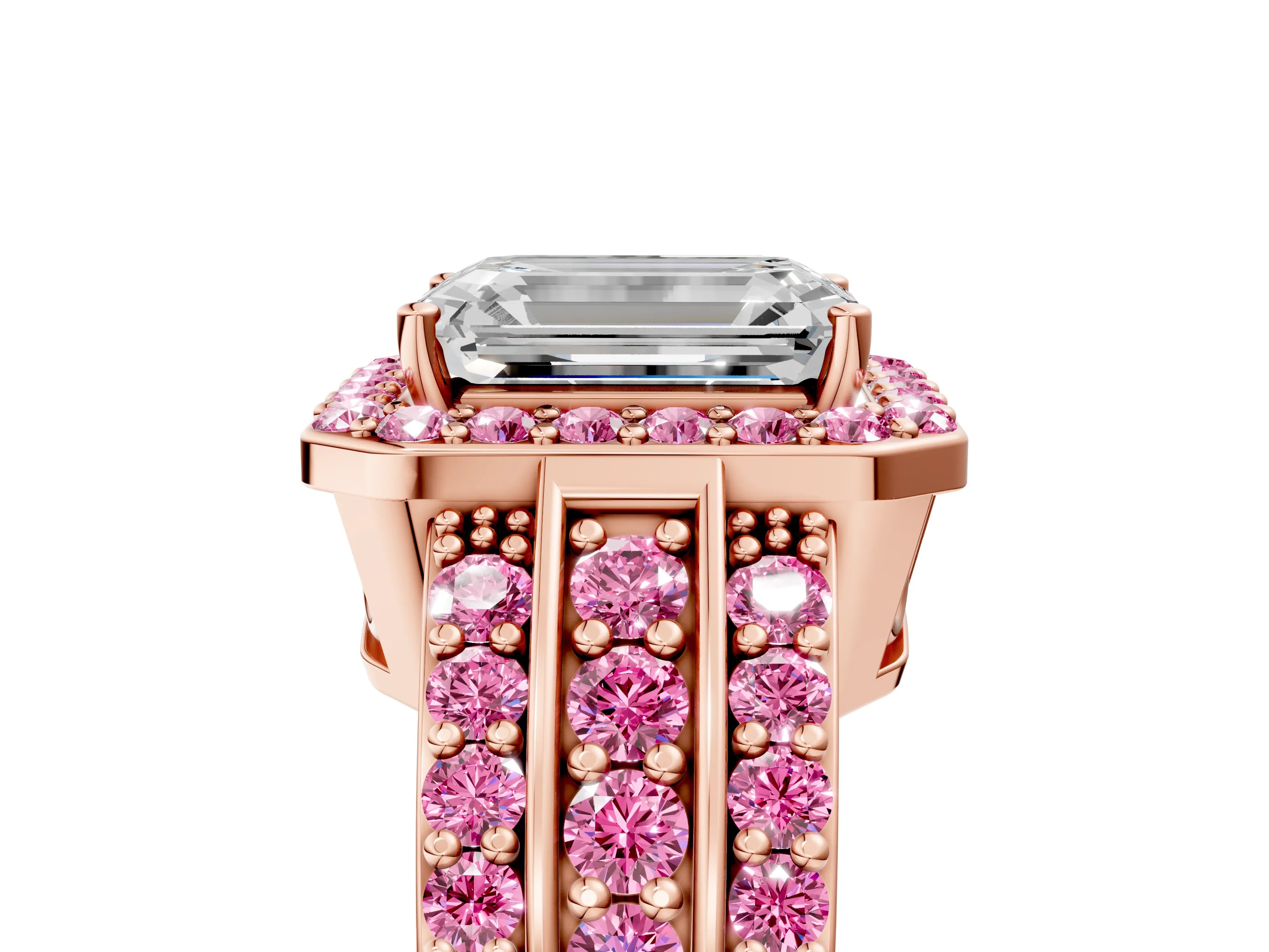 Rose gold Emerald Cut Halo Diamond Ring with Round with Pink Sapphire side stone Split Shank and Prong Setting_5