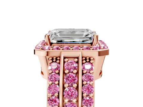 Rose gold Emerald Cut Halo Diamond Ring with Round with Pink Sapphire side stone Split Shank and Prong Setting_5