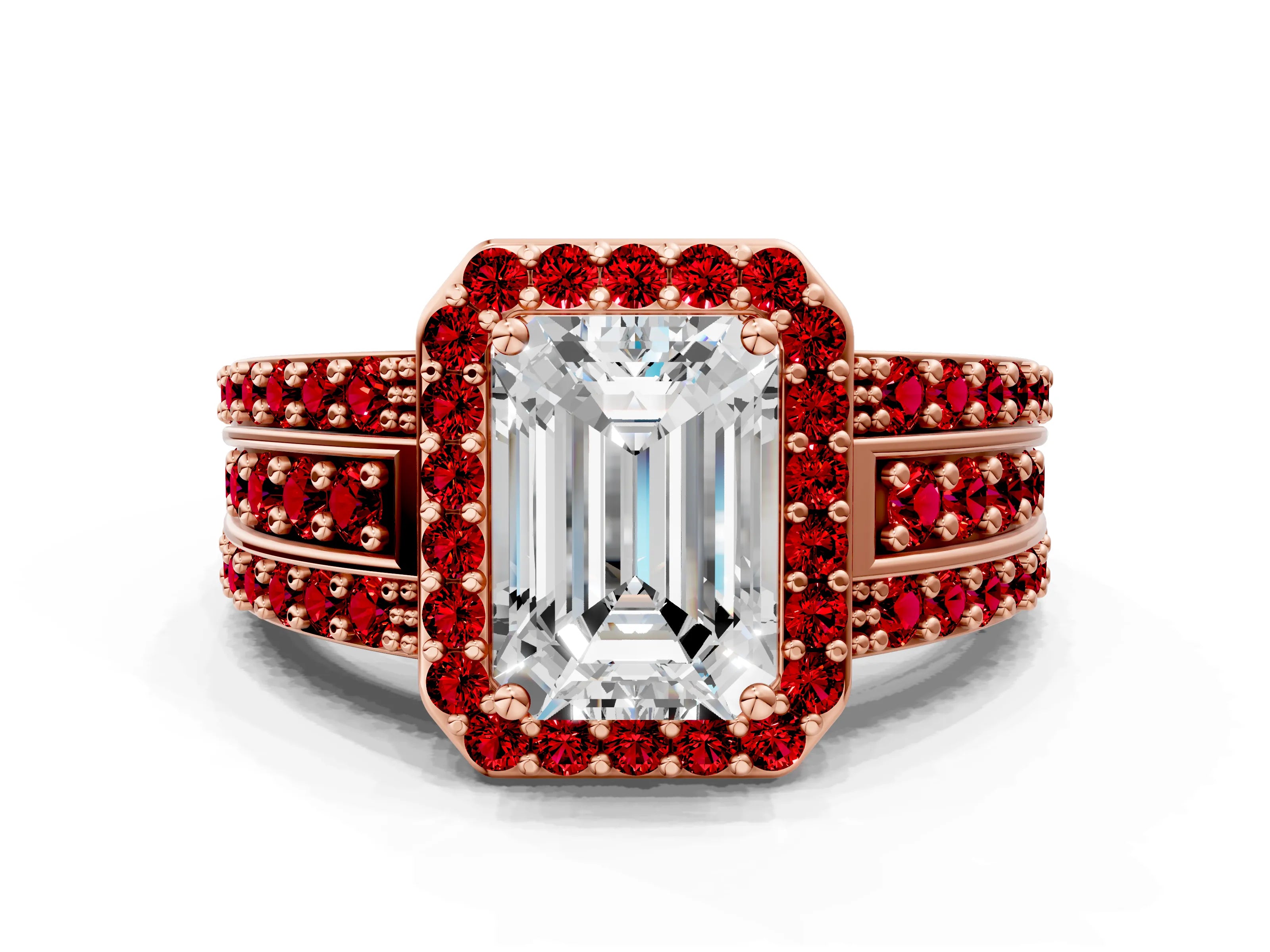 Rose gold Emerald Cut Halo Diamond Ring with Round with Ruby side stone Split Shank and Prong Setting