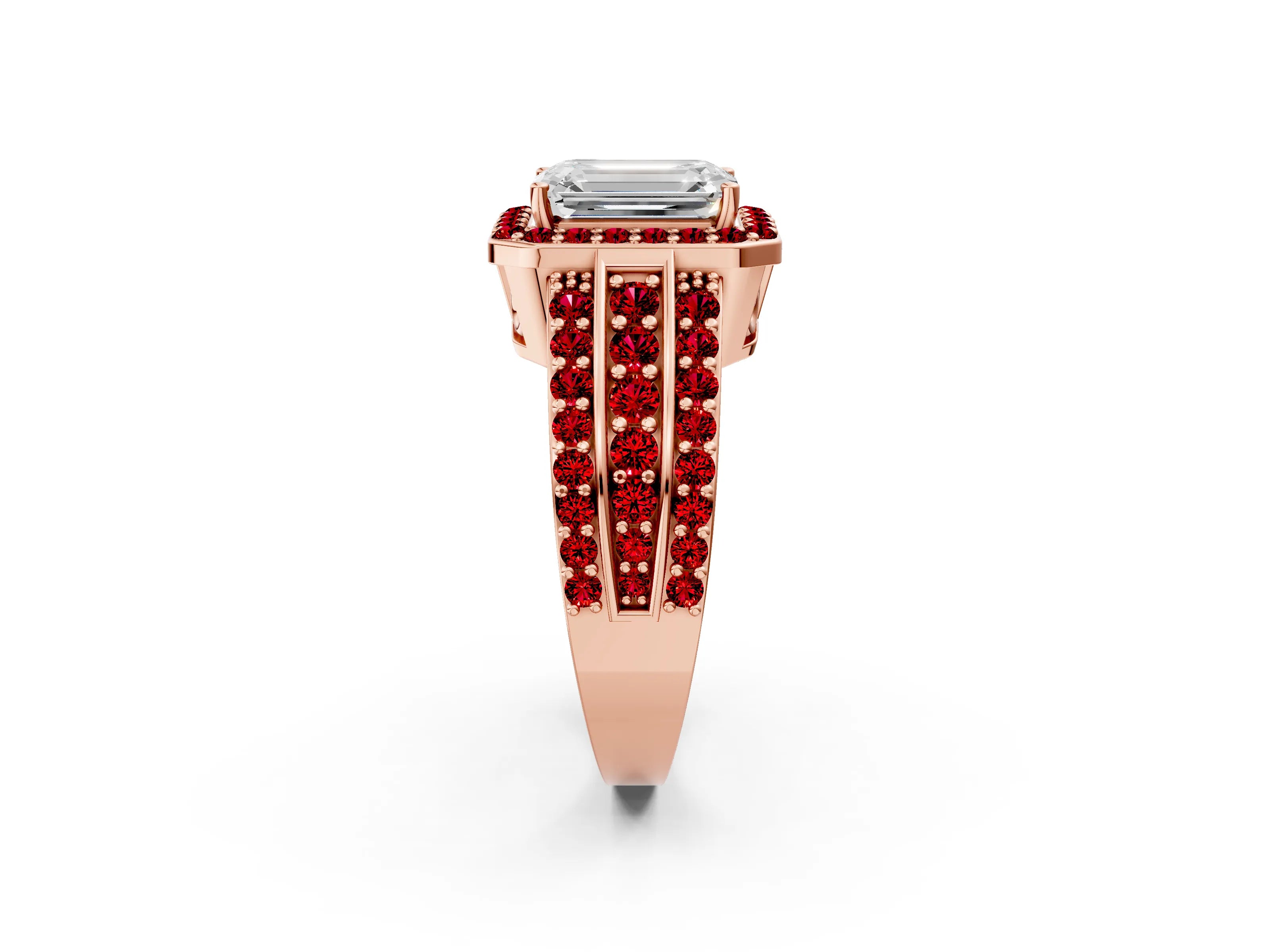 Rose gold Emerald Cut Halo Diamond Ring with Round with Ruby side stone Split Shank and Prong Setting_2