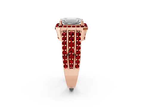 Rose gold Emerald Cut Halo Diamond Ring with Round with Ruby side stone Split Shank and Prong Setting_2