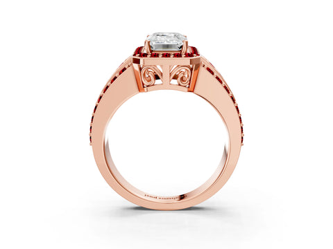 Rose gold Emerald Cut Halo Diamond Ring with Round with Ruby side stone Split Shank and Prong Setting_3