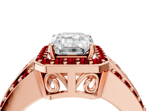 Rose gold Emerald Cut Halo Diamond Ring with Round with Ruby side stone Split Shank and Prong Setting_4