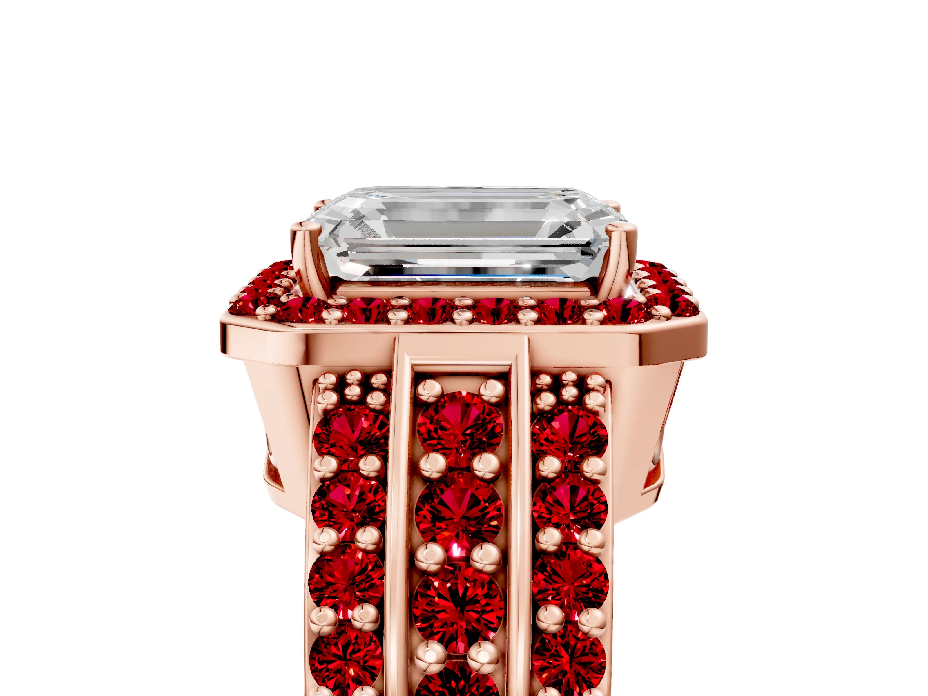 Rose gold Emerald Cut Halo Diamond Ring with Round with Ruby side stone Split Shank and Prong Setting_5