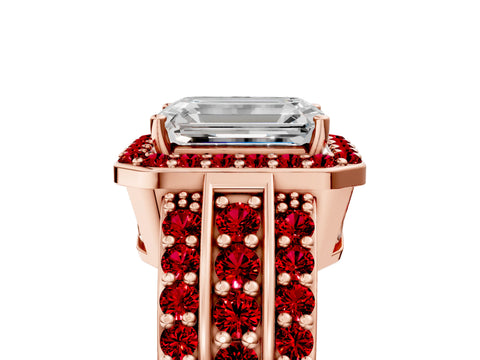 Rose gold Emerald Cut Halo Diamond Ring with Round with Ruby side stone Split Shank and Prong Setting_5