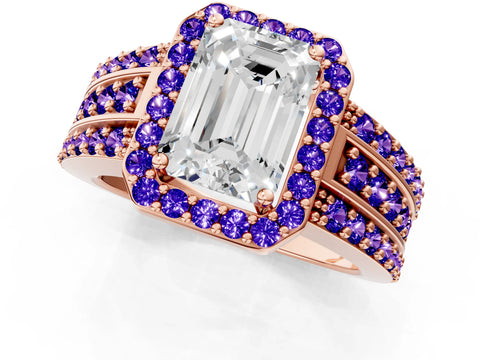 Rose gold Emerald Cut Halo Diamond Ring with Round with Tanzanite side stone Split Shank and Prong Setting_1
