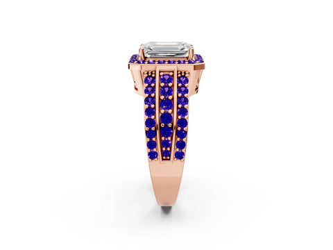 Rose gold Emerald Cut Halo Diamond Ring with Round with Tanzanite side stone Split Shank and Prong Setting_2