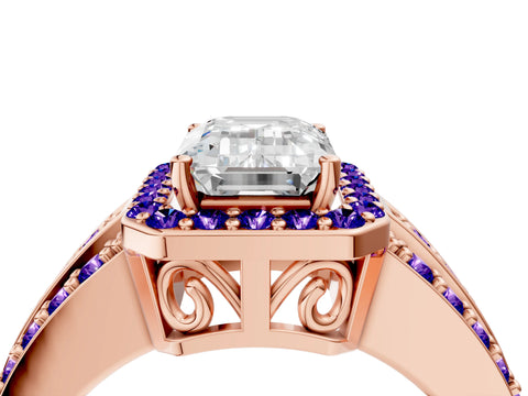 Rose gold Emerald Cut Halo Diamond Ring with Round with Tanzanite side stone Split Shank and Prong Setting_4