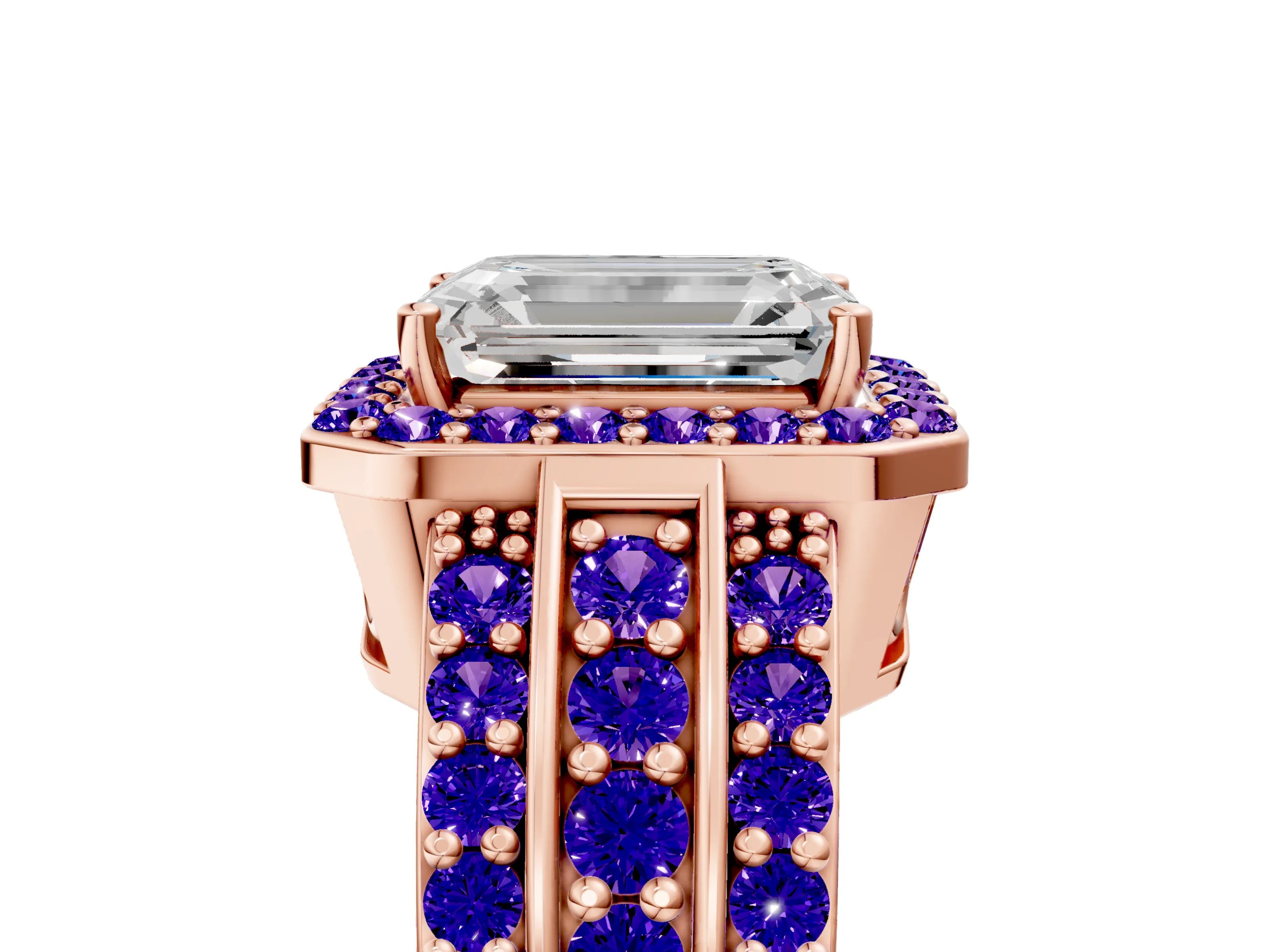 Rose gold Emerald Cut Halo Diamond Ring with Round with Tanzanite side stone Split Shank and Prong Setting_5