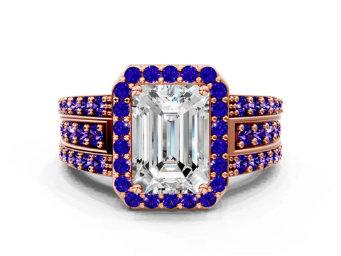 Rose gold Emerald Cut Halo Diamond Ring with Round with Tanzanite side stone Split Shank and Prong Setting