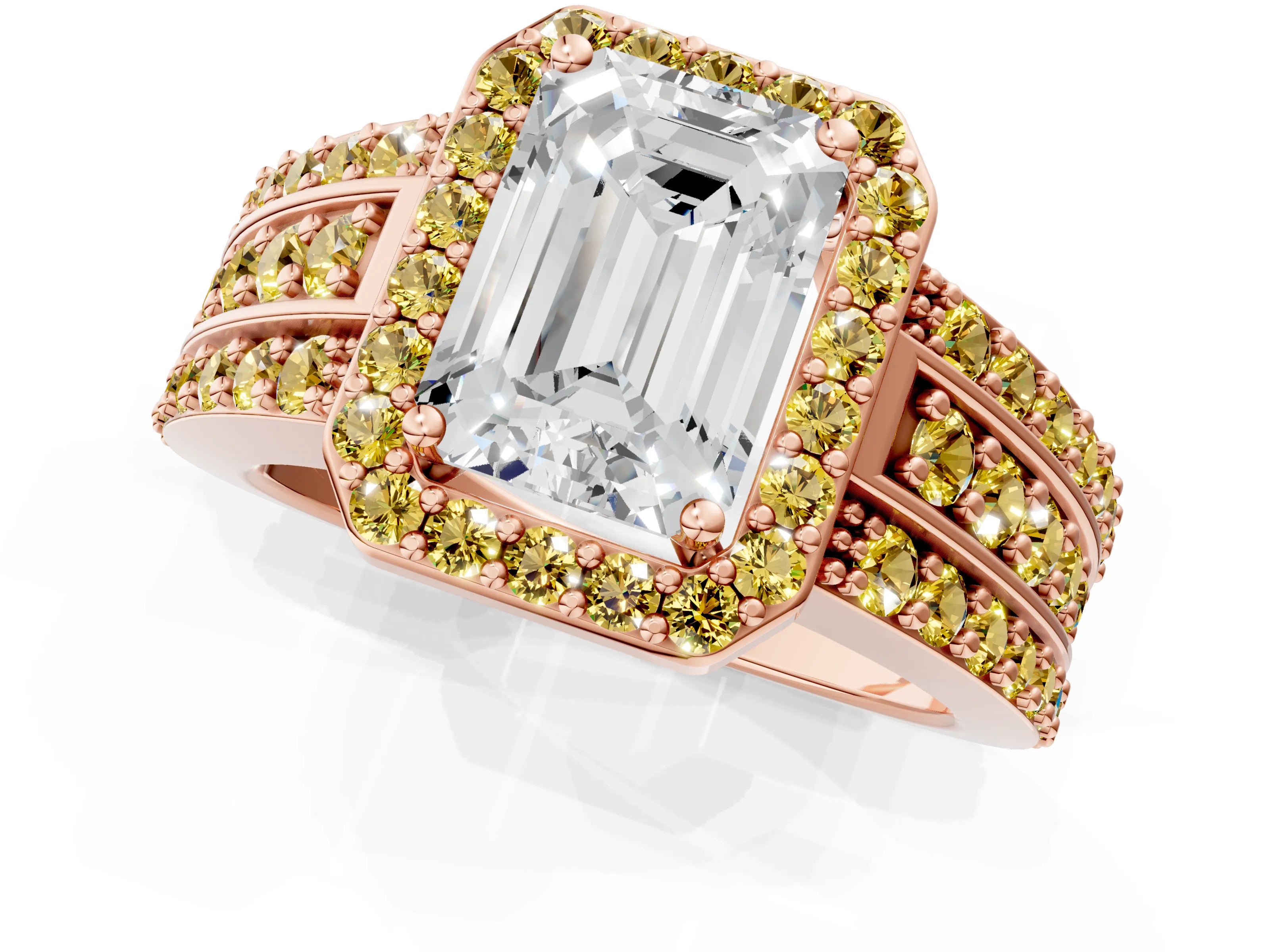 Rose gold Emerald Cut Halo Diamond Ring with Round with Yellow Sapphire side stone Split Shank and Prong Setting_1