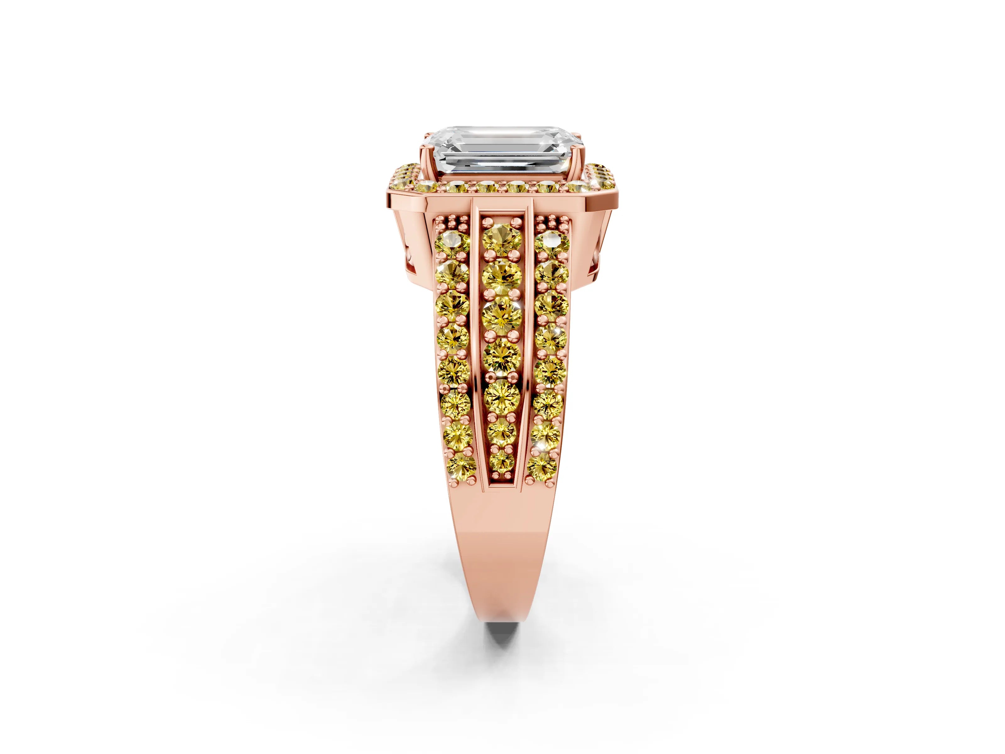 Rose gold Emerald Cut Halo Diamond Ring with Round with Yellow Sapphire side stone Split Shank and Prong Setting_2