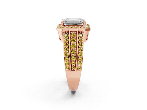 Rose gold Emerald Cut Halo Diamond Ring with Round with Yellow Sapphire side stone Split Shank and Prong Setting_2