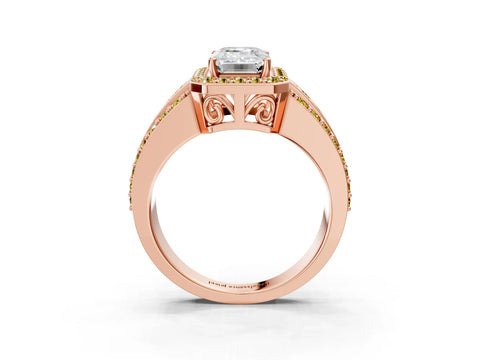 Rose gold Emerald Cut Halo Diamond Ring with Round with Yellow Sapphire side stone Split Shank and Prong Setting_3