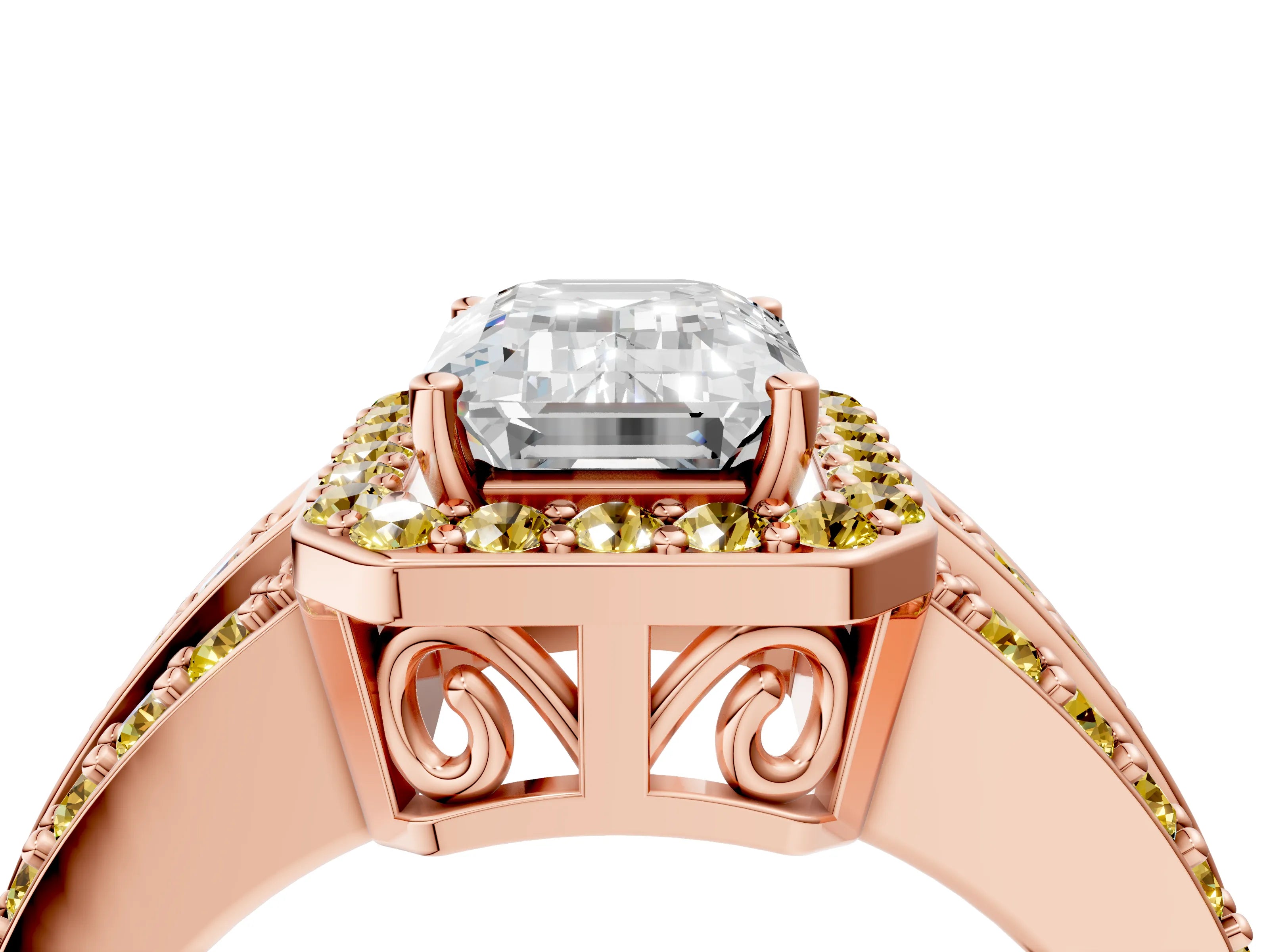 Rose gold Emerald Cut Halo Diamond Ring with Round with Yellow Sapphire side stone Split Shank and Prong Setting_4