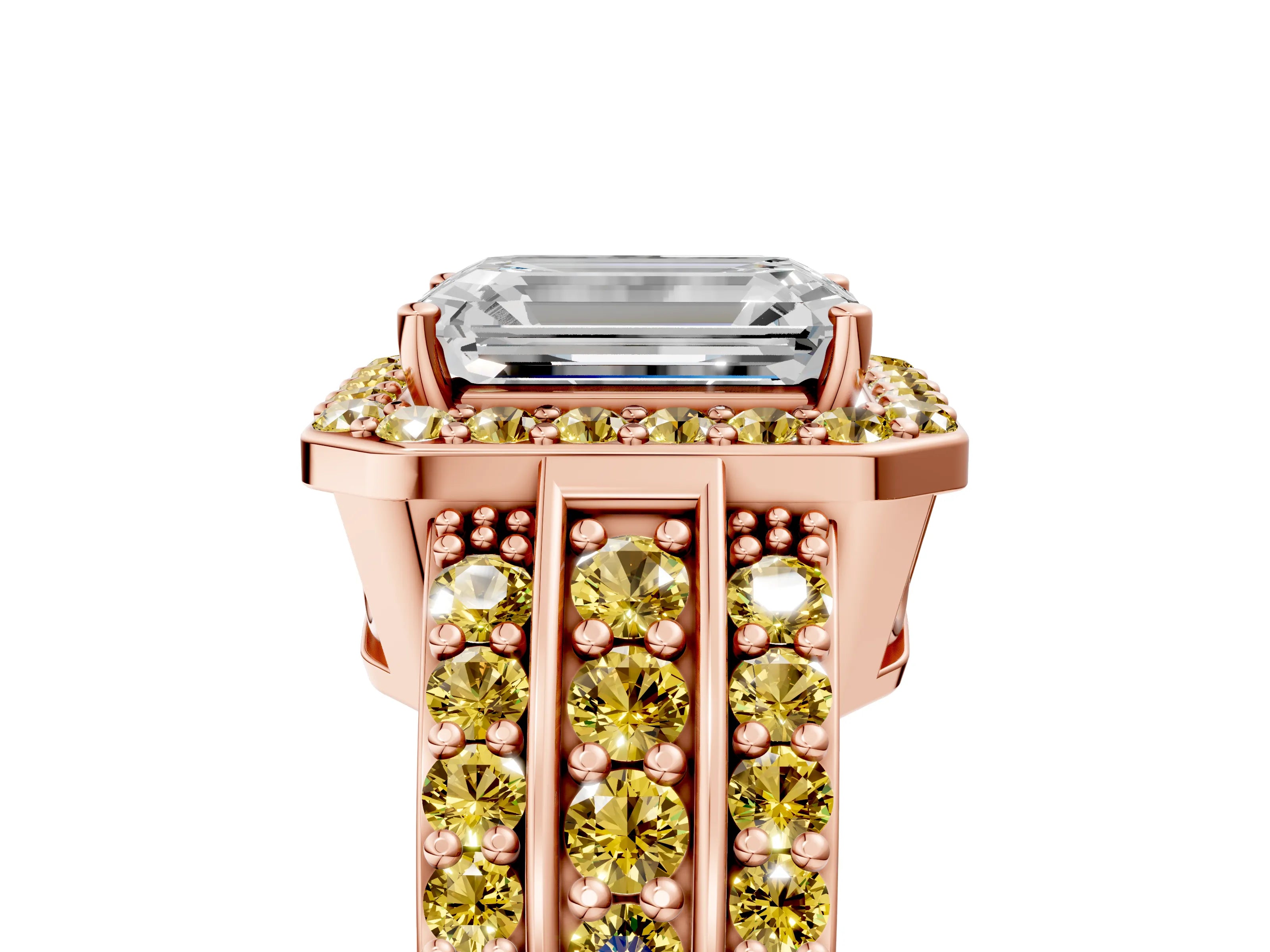 Rose gold Emerald Cut Halo Diamond Ring with Round with Yellow Sapphire side stone Split Shank and Prong Setting_5