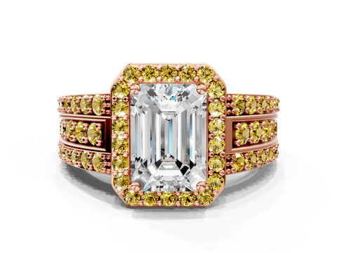 Rose gold Emerald Cut Halo Diamond Ring with Round with Yellow Sapphire side stone Split Shank and Prong Setting