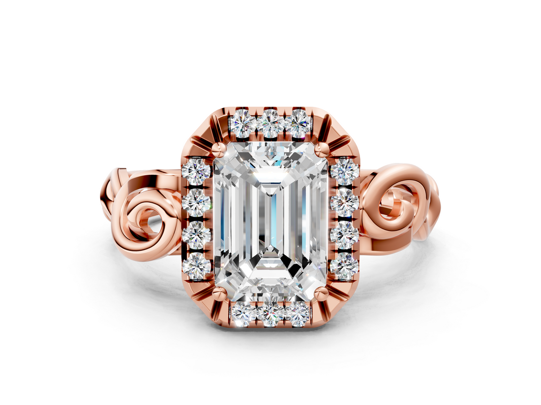 Rose gold Emerald Cut Halo Diamond Ring with Scrollwork Band and Four-Prong Setting_65