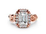 Rose gold Emerald Cut Halo Diamond Ring with Scrollwork Band and Four-Prong Setting_65
