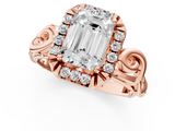 Rose gold Emerald Cut Halo Diamond Ring with Scrollwork Band and Four-Prong Setting_66