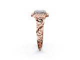 Rose gold Emerald Cut Halo Diamond Ring with Scrollwork Band and Four-Prong Setting_67