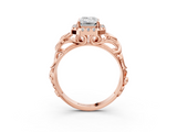 Rose gold Emerald Cut Halo Diamond Ring with Scrollwork Band and Four-Prong Setting_68