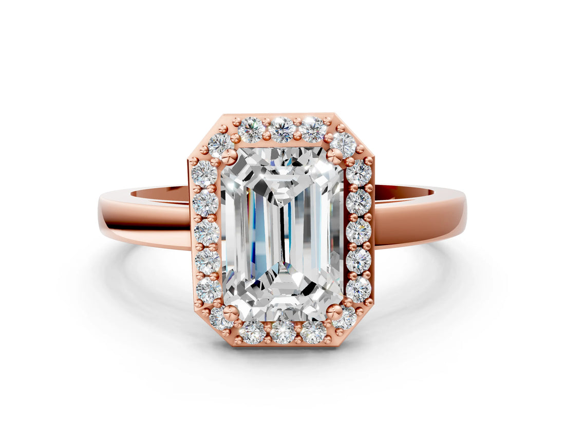 Rose gold Emerald Cut Halo Diamond Ring with Solitaire Band and Prong Setting_3