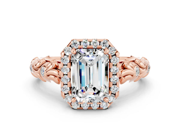 Rose gold Emerald Cut Moissanite Halo Ring with Filigree Band and Prong Setting