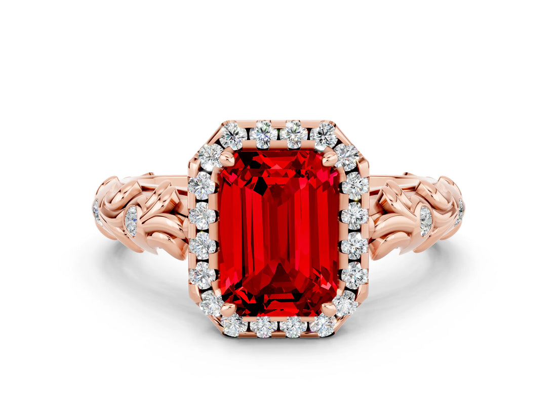 Rose gold Emerald Cut Halo Diamond Solitaire with Filigree Band and Four-Prong Setting