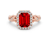 Rose gold Emerald Cut Halo Diamond Solitaire with Filigree Band and Four-Prong Setting